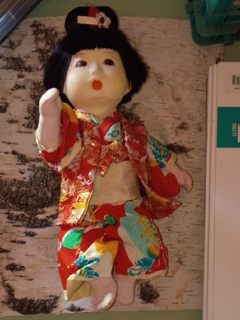 Vintage Japan Porcelain Doll in Red Floral Kimono